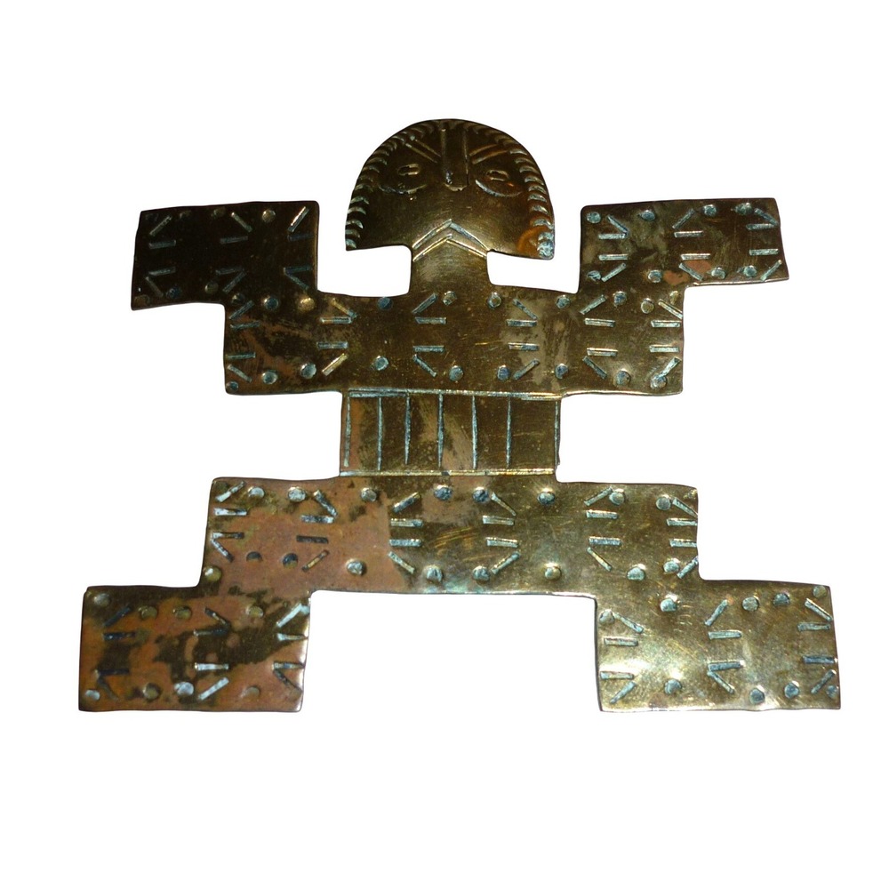 Vintage Tairona Shaman Figure Brooch Pre-Columbian Style Gold Tone Metal Pin 3in